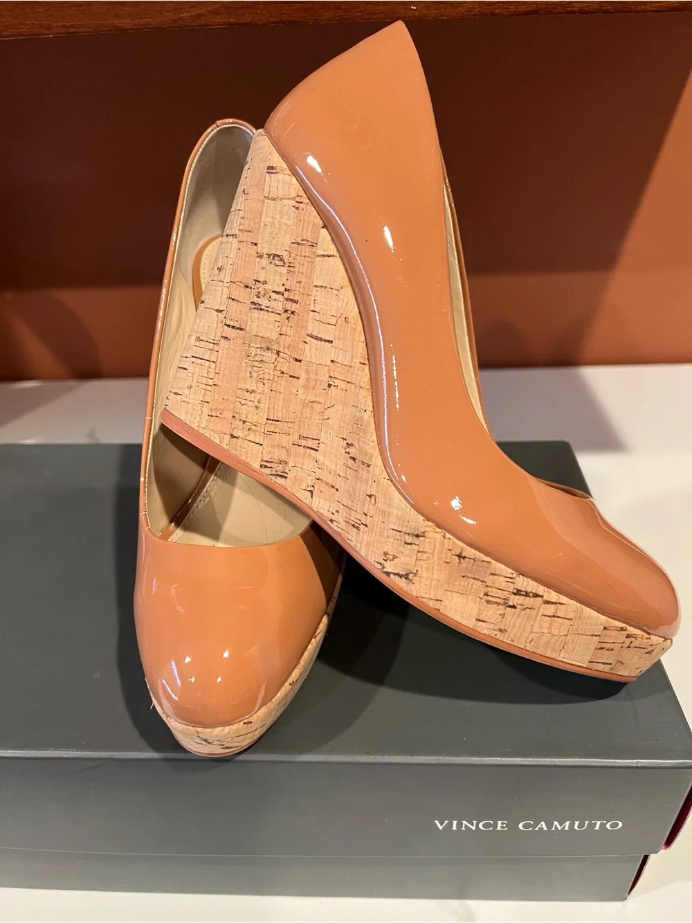 Vince Camuto nude Patent Cork Wedge Pumps